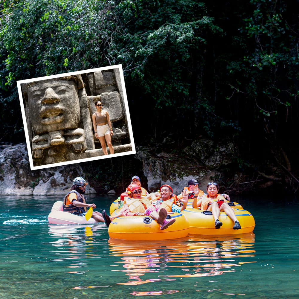 A group of people in colorful inner tubes float in a clear river, with a prominent ancient stone carving and a woman posing nearby in an inset photo.