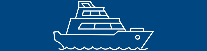 A simple line illustration of a boat on a blue background.
