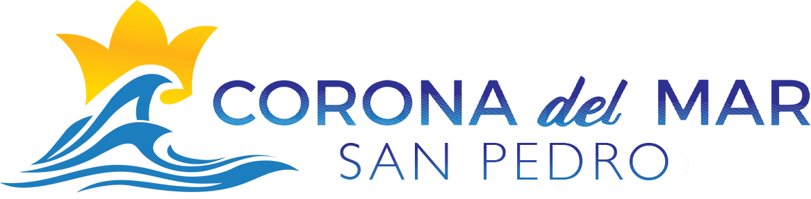 Logo for Corona del Mar, San Pedro, featuring stylized waves and a sun.